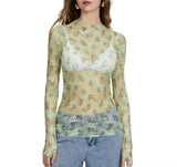 New Women's Lace Top Mesh Multi-Colored Bottom Shirt Sexy Hot Girl Trend