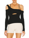 asymmetrical full sleeves square knitting elastic patchwork backlesss sexy top female fashion too