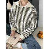 Women's Striped Polo's Neck Zipper Oversized Sweatshirt Long Sleeve Loose Casual