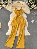 Summer Women Sexy Two Piece Set Beach Criss-Cross V-Neck Spaghetti Strap Tops + Wide Leg Pants Red/Yellow/Purple Suits