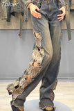 Y2K Streetwear Harajuku Butterfly Decoration Denim Pants Women's High Waist Embroidery Loose Straight Hole Ripped