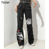 Gothic Bandage Women Baggy Jeans Punk Style Egirl Black Denim Trousers Y2K Dark Academia Hight Waist Streetwear