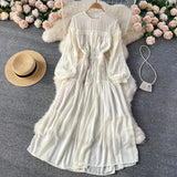 Yellow/Purple/Green Lace Patchwork Long Dress Women Spring Autumn Elegant Round Neck Puff Sleeve High Waist A-Line Party
