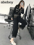 Autumn Long Sleeve Knit Set Women Elegant Hit Color Turn-down Collar Pockets Sweater Top and Wide Leg Pants Two Piece