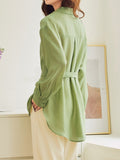 Fashion Women's Shirt Lapel Lace Up Waist Retraction Single Braested Long Sleeve Solid Color Blouse Summer 2023 New
