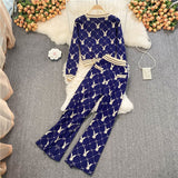 Spring Autumn Knited Two Piece Set Women Clothing Sets Casual Long Sleeve Sweater Cardigan + Wide Leg Long Pants