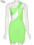 Sisterlinda Sexy Hollow Green Mini Dress Women One-Shoulder Sleeveless Side Split Backless Party Vacation Stretchy Skinny