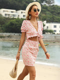 party Pink Boho Dresses For Women 2022 Summer Floral V-neck Skeleton Waist-baring Chiffon Dress Woman Print Hip Wrap Sexy Mini