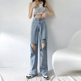 Ripped Jeans Women Classic Gradient Blue Baggy Washed Retro High Waist Straight Loose Wide Leg Woman Large Size Denim