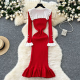 New Retro Bumpy Dolls To Receive Waist Knitted Dress Female Elastic Temperament Lotus Leafy