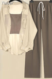 Hollow Sun Protection Chiffon Shirt Sexy Strap Tank Top Lace up Wide Leg Pants Three Piece Elegant Women's Pants Set