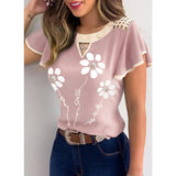 Women New Fashion Ruffled Short Sleeves Chiffon Top Shirts Floral Print Round Neck Casual Slim Fit Top Blouse