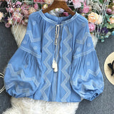 Autumn Floral Embroidery Blouses Female Boho Casual O Neck Loose Shirts Women Fashion Retro Long Sleeve Blusas Mujer