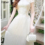 White Lace Dress Women Elegant Hook Flower Hollow Vintage Party Vestido High Waisted Puff Sleeve Streetwear Bodycon