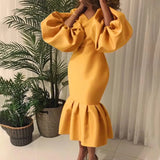 African Large-Size Women's Fashion Pure-Color V-Neck Bubble Long-Sleeved Fishtail Skirt