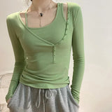 Korean Sexy Slim Tops Two Piece Set Women Camisole+long Sleeve T Shirt Irregular Knitted Ribbed Tee Shirt Designer