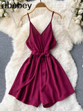 Backless Strap Rompers Women Fashion Sleeveless V Neck Solid Short Jumpsuits Summer Korean Wide Leg