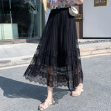 2020 Summer Lace Patchwork Casual High Waist Midi Tulle Skirt Woman Vintage Charming Long Tutu Skirt Ladies White