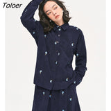 Women Corduroy Shirts 2022 Autumn Long Sleeve Polo Neck Loose Blouse Floral Embroidery Blue Chic Casual Streetwear