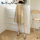 Fashion High Waist Midi Skirts Womans Solid Vintage Harajuku Casual Pleated Skirt Women Black Elegant OL Faldas