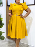 Women's Short-Sleeved Doll Collar Solid Color Short-Sleeved Lotus Leaf Side High-Waisted