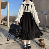 Gothic Lolita Long Skirt Women Harajuku Ruffle Strap Black Skirt High Waist Soft Girl Japanese Kawaii Streetwear