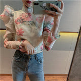 Women Elegant Casual Ruffle Blouses For Female Turtleneck Puff Long Sleeve Tunic Ruched Women's Shirts Fashion
