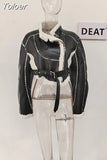 2023 New Autumn And Winter Turn-down Collar Full Sleeves PU Leather Flocking Waist Jacket Female Coat Tide Warm