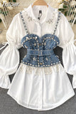 2023 New Blouse Women's Diamond Beaded Puff Sleeve Blusa Top Tassel Pearl Sling Waistcoat Two-piece Sets Stacking