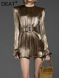 Fashion Women's Dress Round Neck Long Sleeve High Waist Belt Above Knee Gold Party Dresses Female Autumn 2023 New