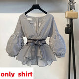 2022 Spring 2 Pcs Suits Women's Striped Bow Lantern Sleeve Blouse Black Split Flare Sleeve two piece set top and