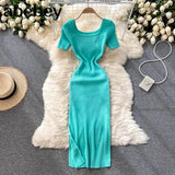 Women Slim Knitted Dress Square Collar Short Sleeve Elastic Bodycon Dresses 2022 Summer Streetwear Sexy Split
