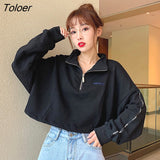 Womens Trendy Harajuku Kpop Females Hoodie Street Style Women Sweatshirt Zipper Popular Crop Tops Simple Elastic