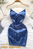 Sexy V-neck Pearls Spaghetti Strap Satin Dress Women Summer Fashion Sleeveless Slim High Waist Mini Club Bodycon
