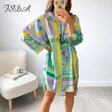 2021 Summer Long Sleeve Shirt Dress Women V Neck Print Blue Loose Beach Sexy Party Casual Green