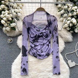 Girls Tie-Dye Mesh Jersey Long-Sleeved T-Shirt Girl Thin Perspective Temperament Fashion Folding