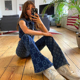 2022 New Women's Denim Jacket Pants Set High Street Vintage Y2K Trouser Suits 2 Piece Set For Women Print Short Jacket