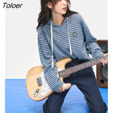 Women Sweatshirts 2022 Autumn Long Sleeve O Neck Button Stripes Hoodies Embroidery Pattern Casual Streetwear