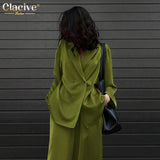 Fashion Long Sleeve Blazer Two Piece Sets Women Outifits Casual Loose Office Pants Set Elegant Green Satin Trouser