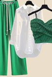 Summer New Lace Suspender White Shirt Wide Leg Pants Three-piece Elegant Women Pants Set Summer Outfits