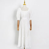 TWOTWINSTYLE Solid Summer Dress For Women Round Neck Puff Sleeve High Waist Minimalist Ruched Midi Dresses Female Clothing
