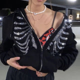 Gothic Black Hoodie y2k Women's Rhinestone Skull Casual Oversized Sweatshirt Punk E-girl Harajuku Long Sleeve