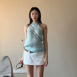 CEC Korean Small Fresh Mint Green Bead Hanging Neck Sling Waistcoat Coat Two-Piece