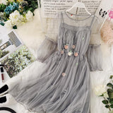 new women O-neck lantern sleeve gauze fairy puff dress female flower appliques elegant mesh princess