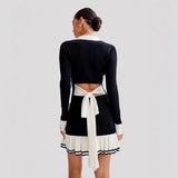 Bow Tied With Lot Of Leaves Side Of The Knitted Dress Pearl Buckle Long-Sleeved Little Scented Style