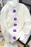 White Blouses for Women Knitted Floral Button Shirts French Style 2023 Long Sleeve Casual Spring Sweet Top Asian