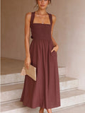 Women's Dress Fashion Temperament Casual Solid Color Cotton and Hemp Fold Elastic Waist Cross Strap Women's Strap