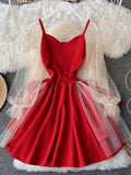 Summer Bubble Sleeve V Collar Low-Thight Splicing Mesh Nail Beads A-Sleeve Short Sleeves Thin Middle And Long-Term