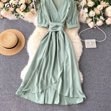 Lace-up Green Dress Women Summer 2023 Short Sleeve Ruffle Solid Woman Dress V Neck Irregular Casual Long Dresses