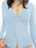 Front Buttons Lace Panel Knit Top-Outfit